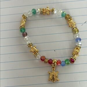 Gold and Multicolor Beaded Turtle Charm Bracelet